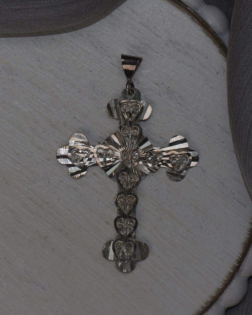 Vintage Turkey Sterling Silver Starburst Heart Cross Pendant 4.15G / 2in